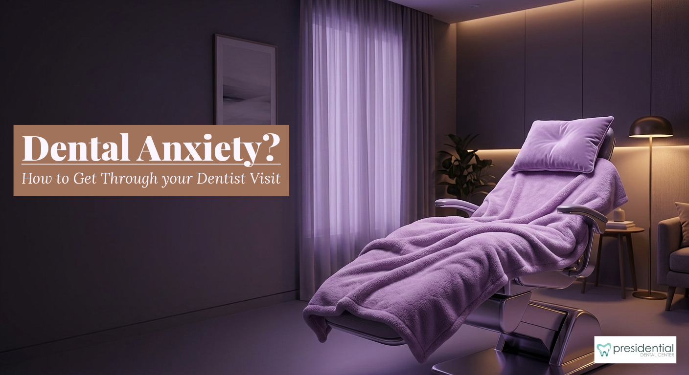 A calm, softly lit dental room with a comfortable chair, memory foam pillow, and soft blanket at Presidential Dental Center in West Palm Beach, FL — designed for patients with dental anxiety.