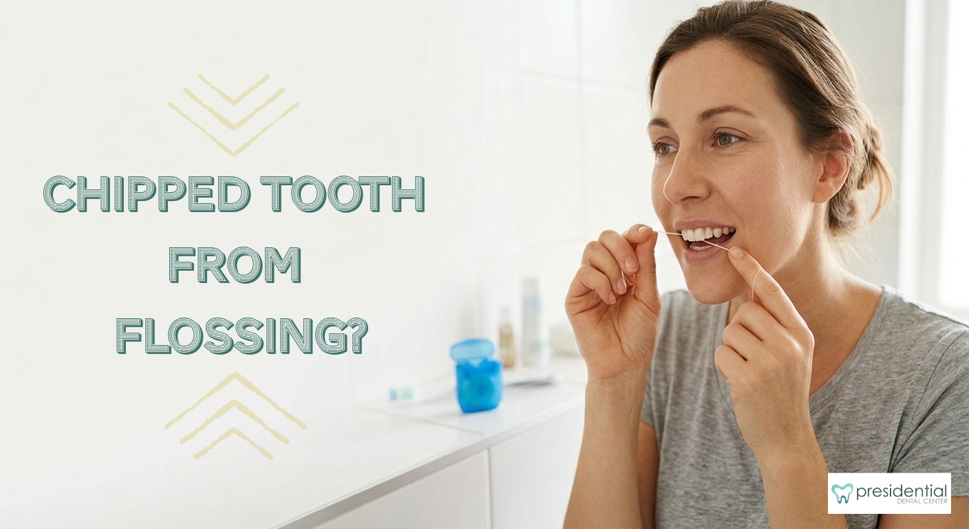 Close-up of a person flossing their teeth, illustrating how flossing can reveal a chipped or cracked tooth — dental care tips from Presidential Dental Center in West Palm Beach, FL